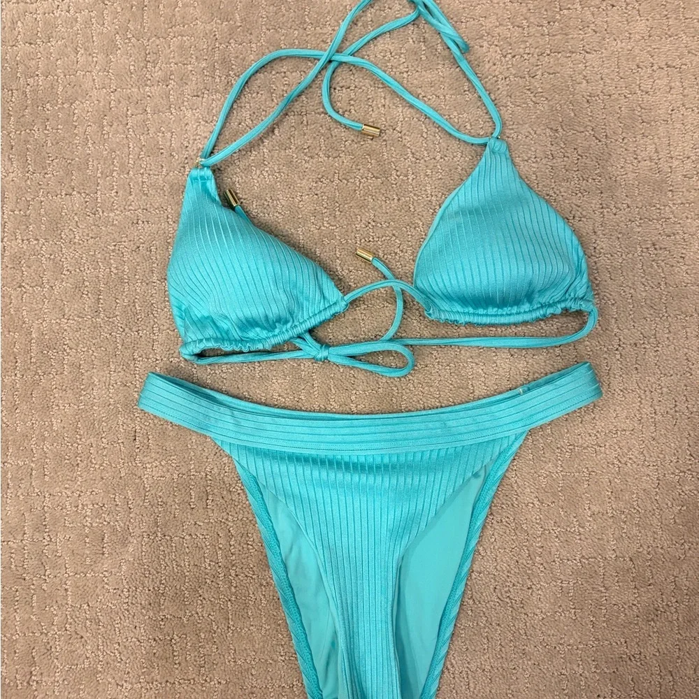 Monday Swimwear Turquoise Ribbed Triangle Bikini Set